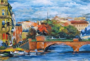 Russian Landmark Anichkov Bridge Oil Painting, Original Cityscape Anichkov Bridge Sunset Scene, Home Decor Accent Piece