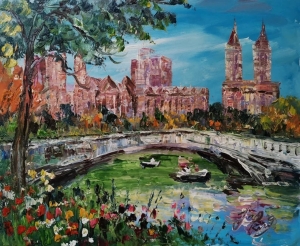 Spring New York City Central Park, Bow Bridge，Home Décor Holiday Artwork Texture Painting Dining Wall