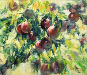 Apple Art   fruit oil painting original, impressionist painting for colorful kitchen