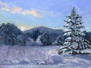 oil landscape painting, snow scene in New Hampshire, snow, sunlight, clouds, mountains