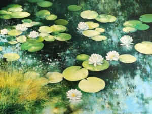 Original oil painting,Pond,Large Abstract Canvas, Green waterlilies, Wall Art