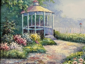 Original Oil Painting Garden Gazebo Cobblestone