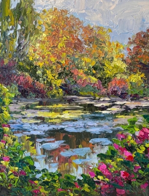 The Garden Pond, an original garden landscape oil painting of Giverny pond