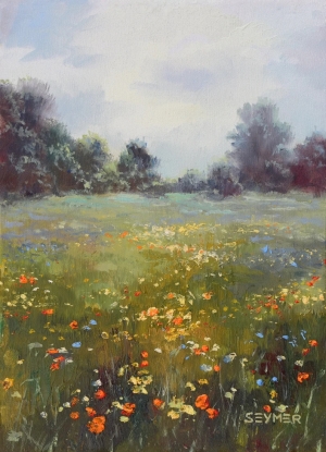 Wildflowers landscape painting, Field with flowers art, Nature ORIGINAL oil painting for farmhouse wall decor, Classic landscape art