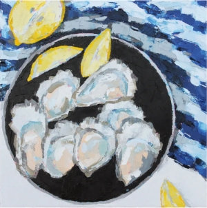 oyster painting, seafood oil painting, oysters and lemons, food painting, kitchen art, lemon kitchen decor, food lover