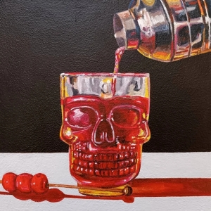 Cocktail Painting, Skull Shaped Glass Painting, Original Still Life Painting, Kitchen Art