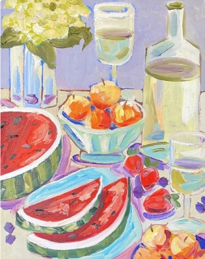Original oil painting on canvas panel, Food and drinks art, Still life painting, Watermelon and apricot