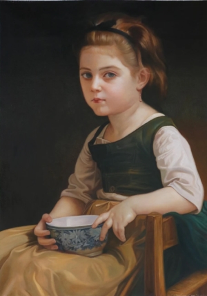 Little Girl with Blue Bowl ， William Bouguereau hand painted oil painting