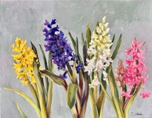 oil on canvas painting ，Hyacinths，Fine art， spring flowers, botanical oil painting