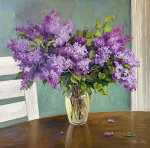 oil on canvas painting ，Lilacs，Fine art，spring flowers, botanical oil painting