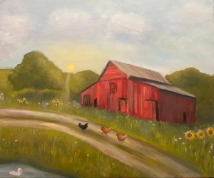 A NEW DAY,Oil Painting of red barn