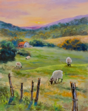 ORIGINAL rural art farm, Sheep pastoral field scene, Countryside landscape, Red barn farmhouse, Meadow framed oil painting Cottagecore decor