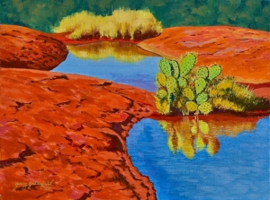 Sedona original art landscape oil painting, desert Southwest, cactus, lakes, camping outdoors